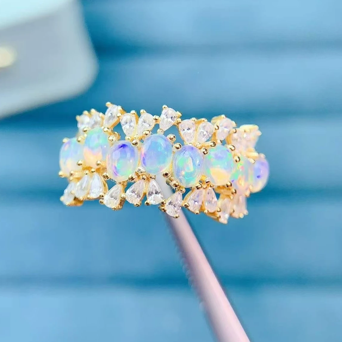 

Sparkling 925 Silver Ring for Women 3x4mm Natural Opal Ring with Certificate Gold Plated Silver Opal Jewelry