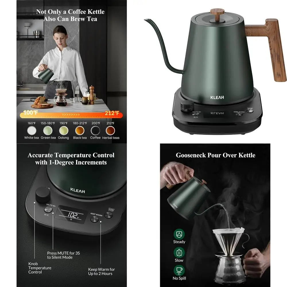 

0.8L Temperature-Controlled Gooseneck Electric Kettle - Automatic Shut Off for Tea, Coffee, and Pour Over, 1200W Fast Heating wi