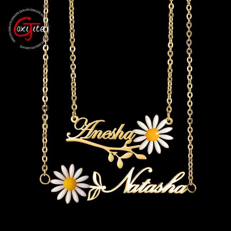 

Goxijite Custom Name Flower Collar Stainless Steel Colorful Daisy Nameplate Chocker Necklace For Women Customized Jewelry Gift