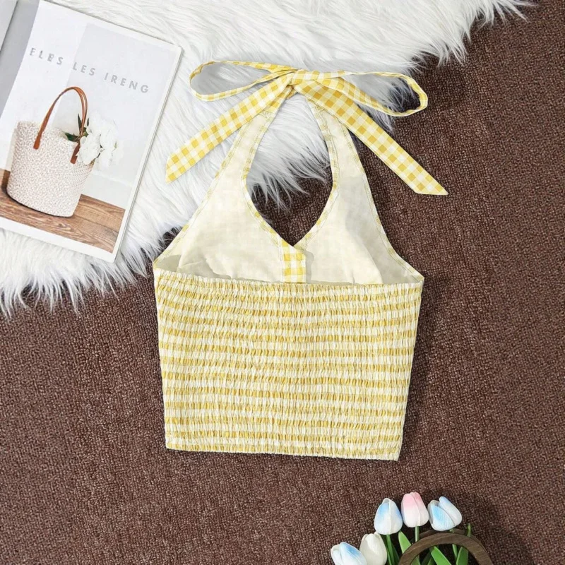 Women Summer Sweet Yellow Plaid Lace-up Slim Fit Halter Top V-neck Front Botton Elastic Back Sexy Backless Casual Top