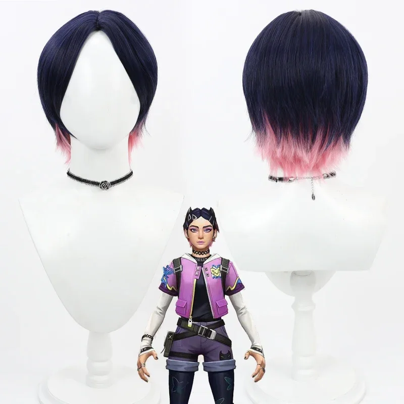 Game Valorant Clove Cosplay Wig Black Highlights Pink Short Wigs Heat Resistant Synthetic Hair Party Costume Wigs   Wig Cap