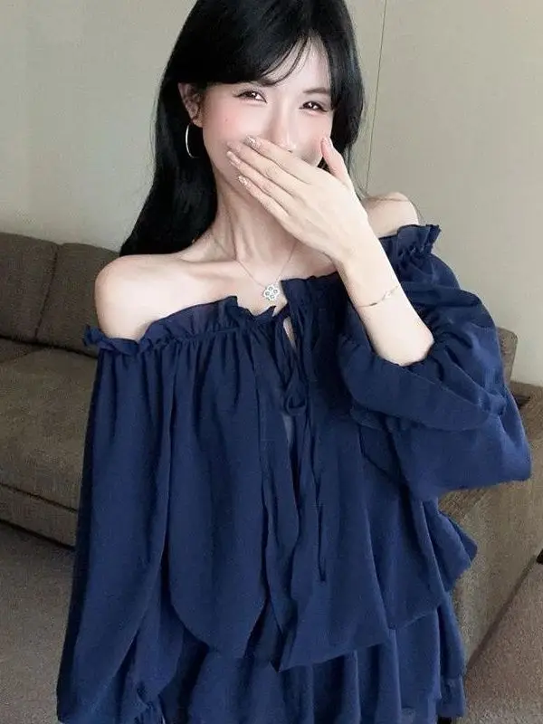 Trendy Drawstring Chiffon Top Women's Sexy Shoulder Baring Mesh Upperwear Loose Fit Long Sleeve Slimming Effect Casual Shirt