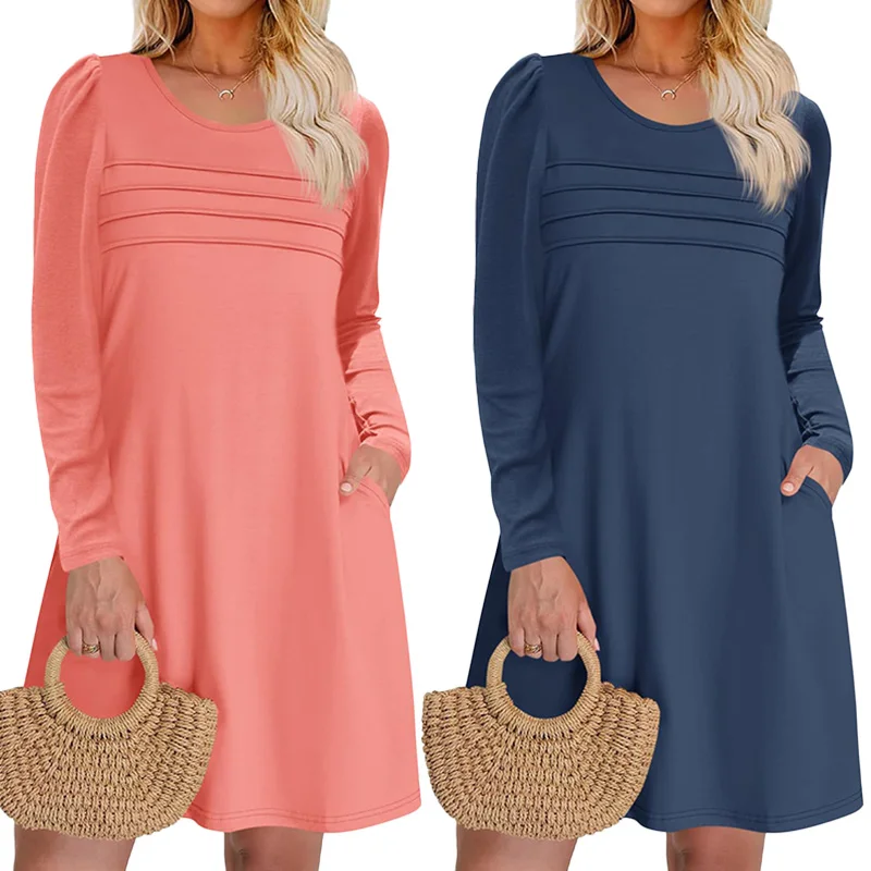 فستان نسائي طويل الأكمام خريفي كاجوال تي شيرت فضفاض مناسب بطيات أمامية فساتين قصيرة مع جيوب