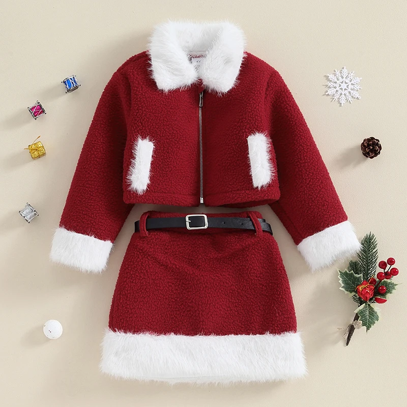 Little Girl Christmas Outfit Winter Fleece Skirt Set Furry Trim Long Sleeve Zipped Jacket and Skirt with Belt