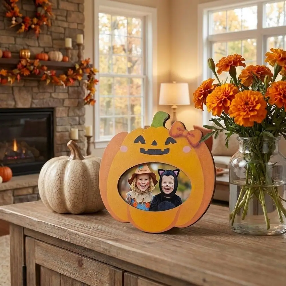 Cute Halloween Ghost Picture Frame Handmade Rustic Desktop Ghost Ornament Wooden Pumpkin Shaped Photo Frame Gift