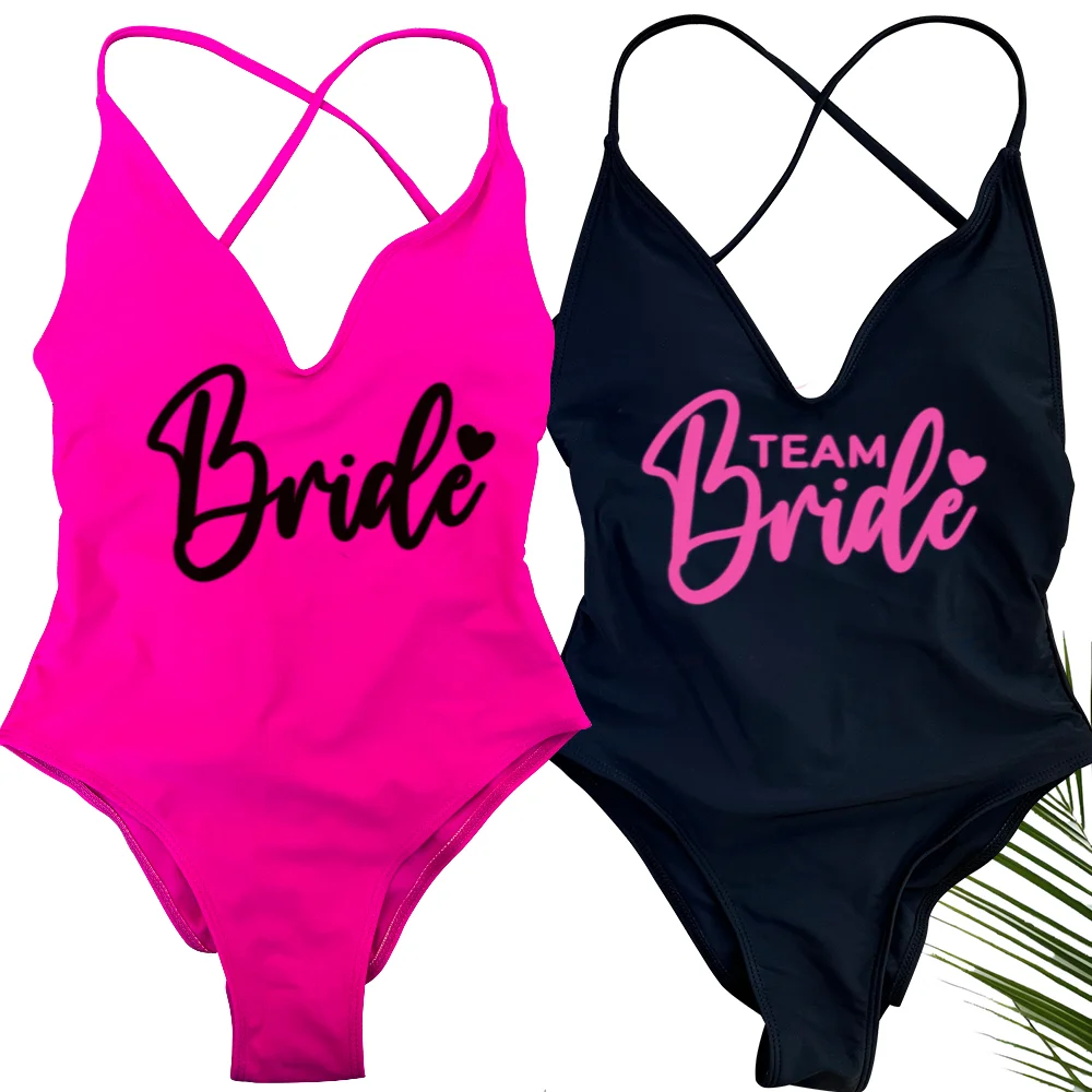 Einteiliger Badeanzug für Damen, Monokini-Badeanzug mit Team-Braut-Aufdruck, Strandmode, gepolstert, für Hochzeitsfeier