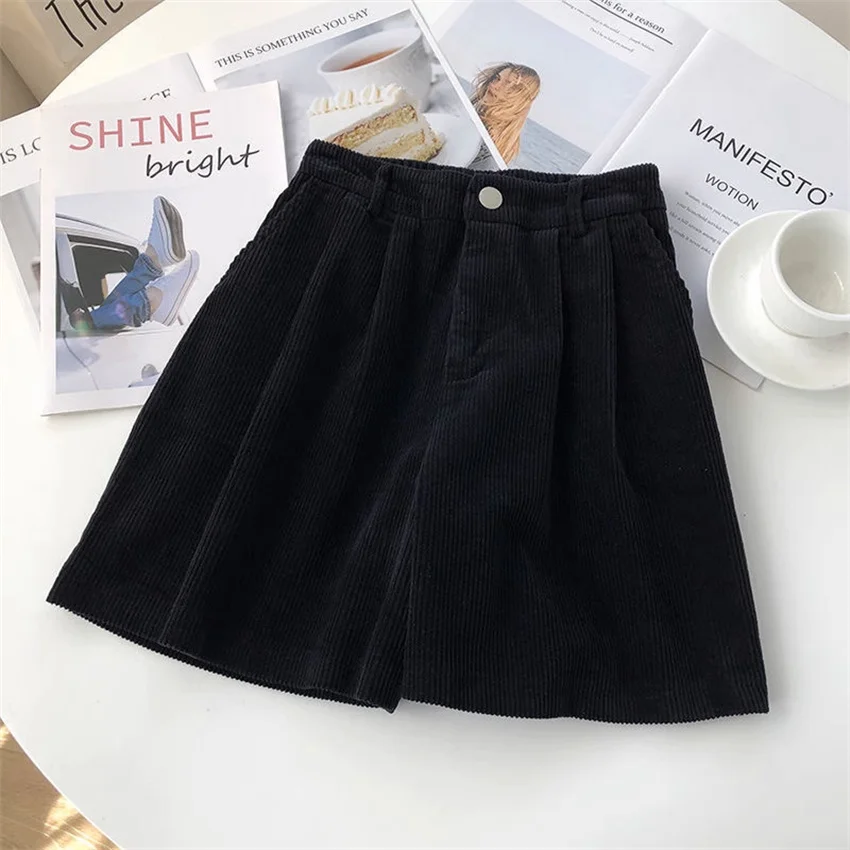 Gowyimmes 2025 빈티지 여성 하이 웨이스트 코듀로이 반바지 캐주얼 레이디 솔리드 와이드 레그 반바지 빅 사이즈 소녀 반바지 streetwear PD1833