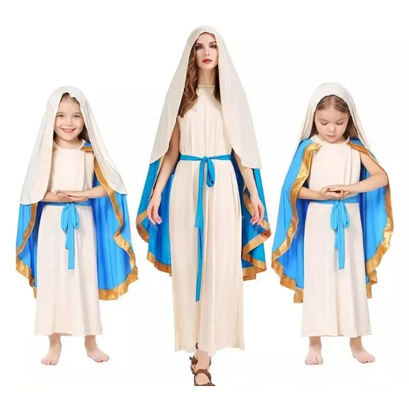 

Robe de Cosplay sans manches de la vierge marie pour femmes et filles, Cape à capuche, Costume de nonne biblique