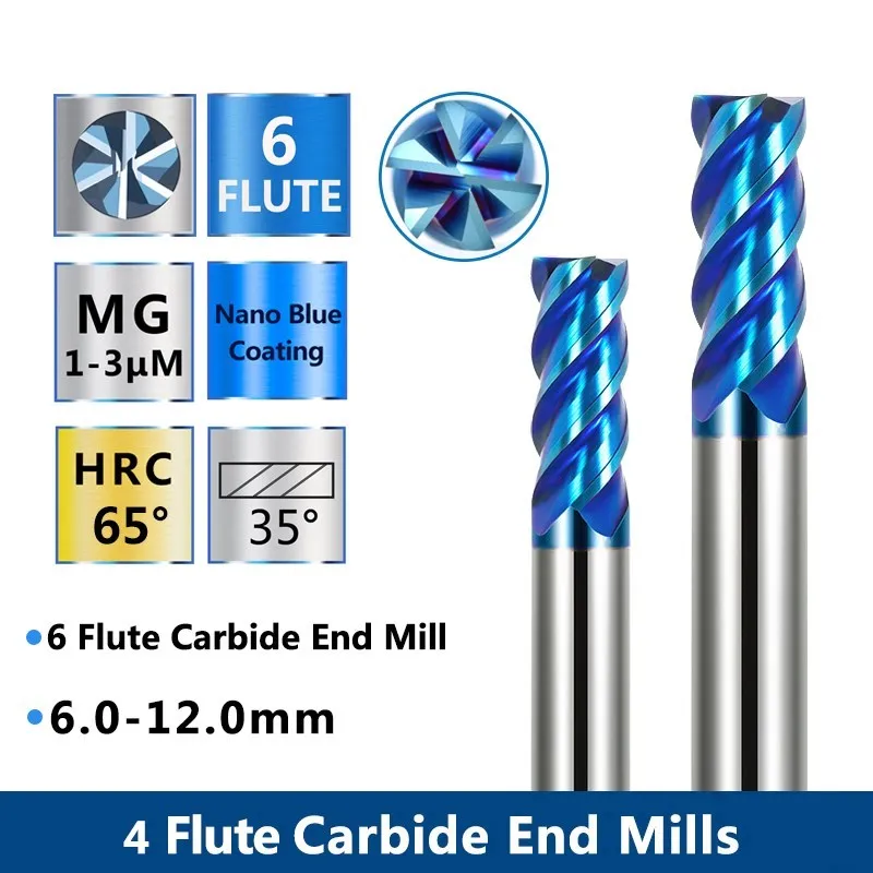 XCAN Milling Bit 6 Flute End Mill 6/8/10/12mm CNC Router Bit Nano Blue Coating HRC65 CNC Machine Milling Cutter