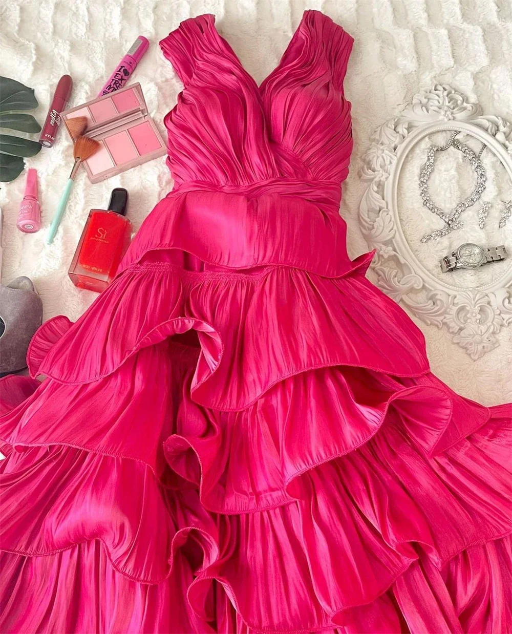 Customized  Fashion V-neck Ball Gown Quinceanera Layered  Flowers Chiffon Occasion Evening   vestidos de graduación image 4