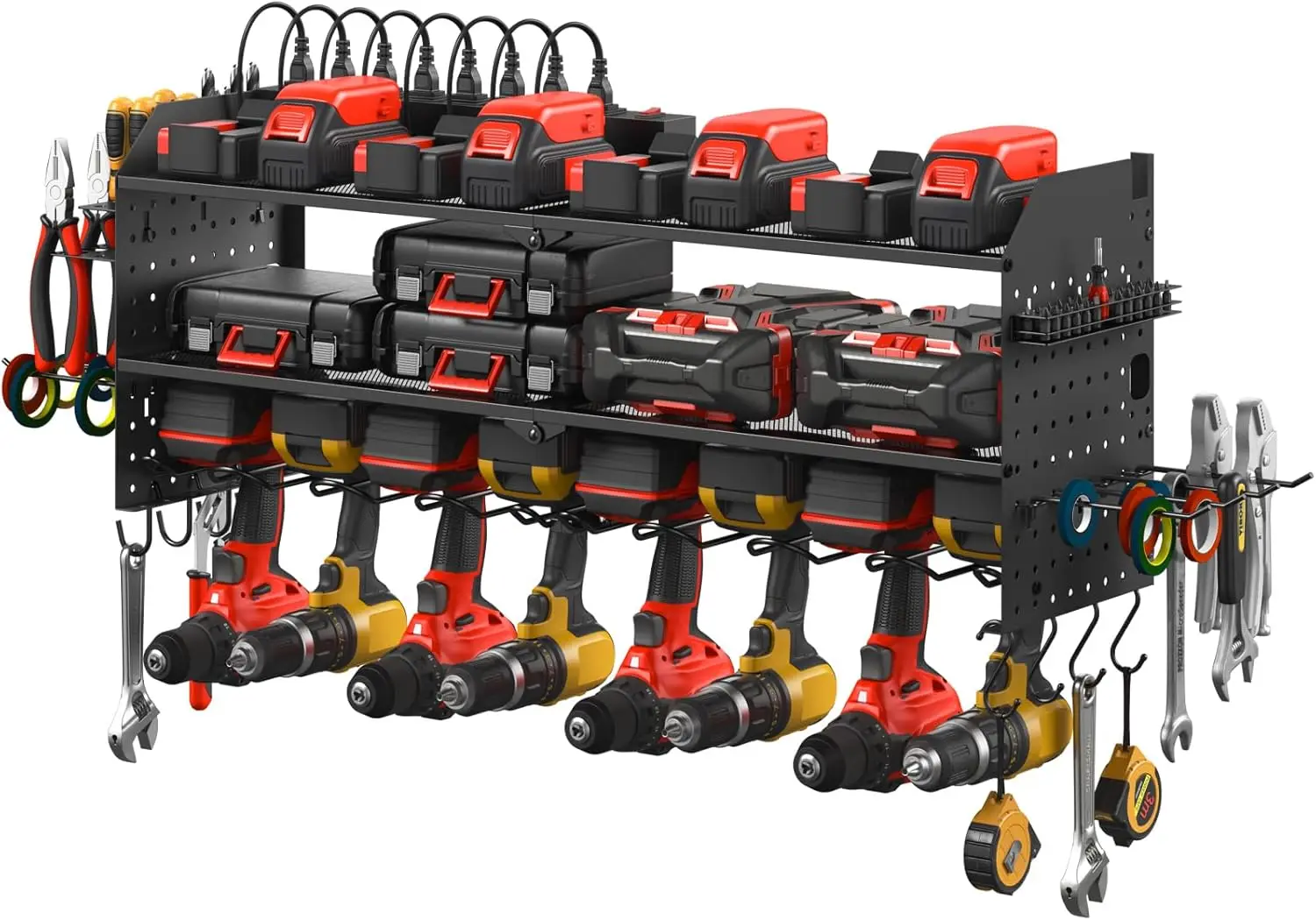 

Large Pegboard Power Tool Organizer with Charging Station, 8 Drill Holder Wall Mount and Outlet Strip for Garage Storage