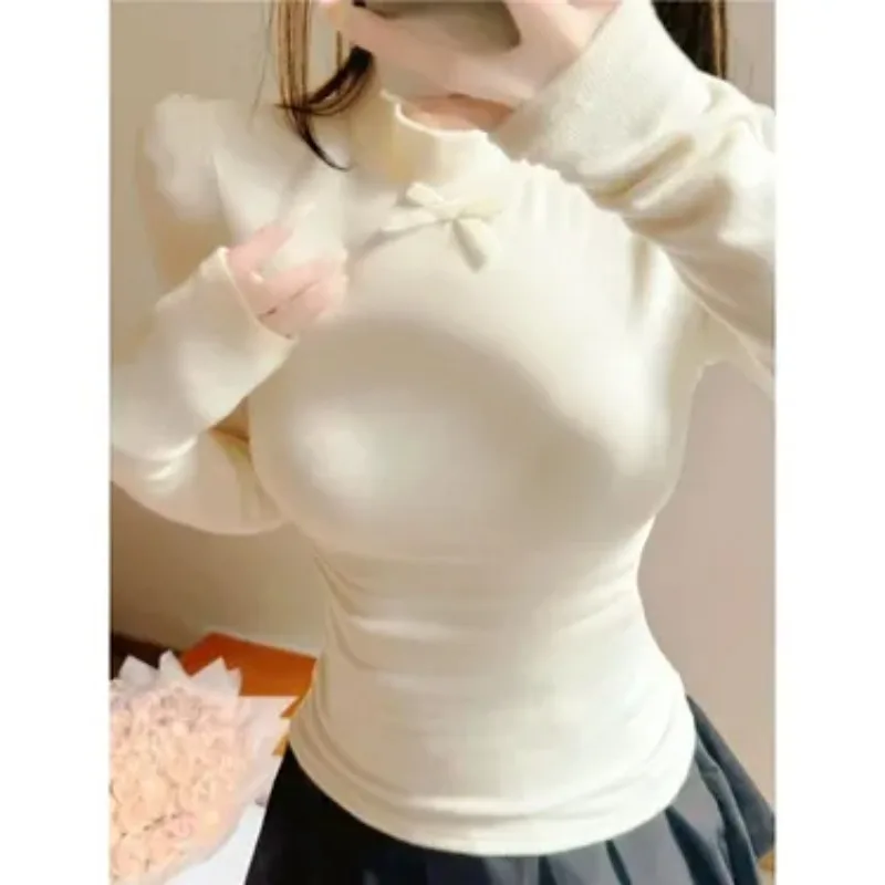 Women Autumn Winter Mock Neck Long Sleeve Tops With Bow Slim Fit Puff Shoulder Knit Base Layer Shirts
