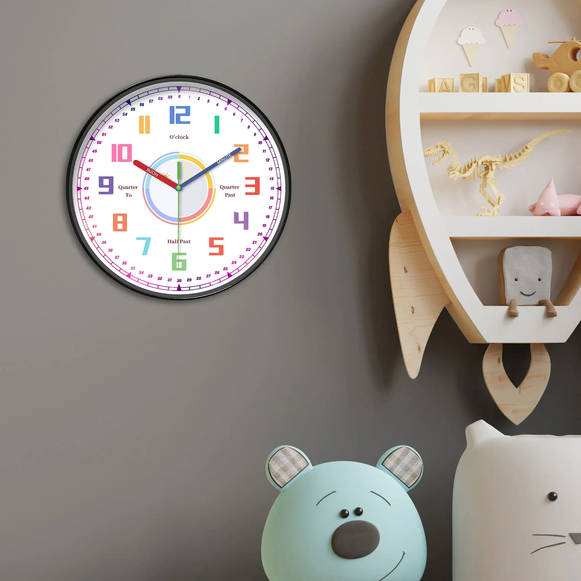 1pc instructional wall clock, Learning clock with color alphanumeric and color hands design, silent analog clock, suitable for l