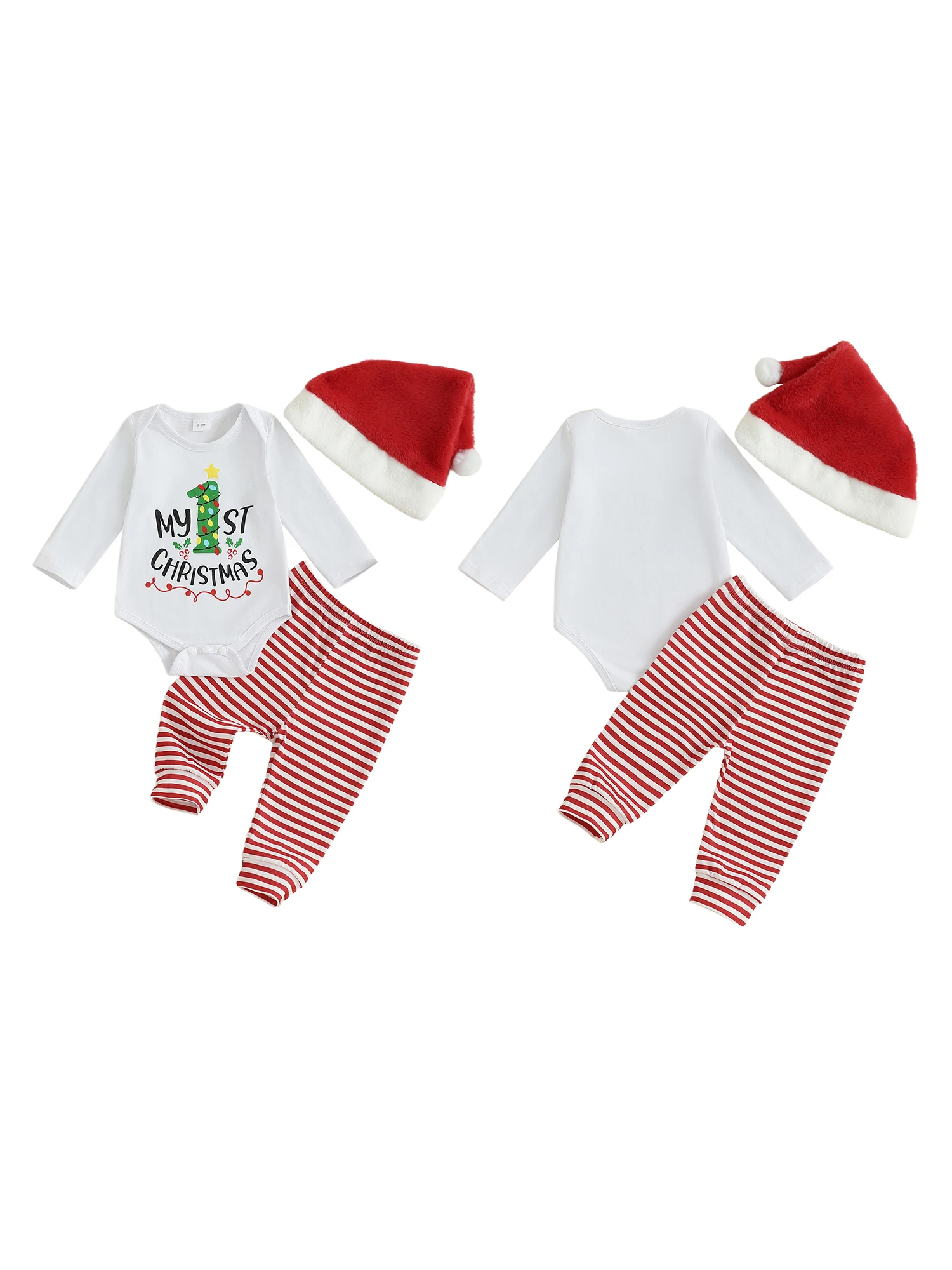 

Комплекты праздничной одежды для маленьких мальчиков: комбинезон в полоску с длинными рукавами и круглым вырезом с буквенным принтом и шапкой Санты — праздничный