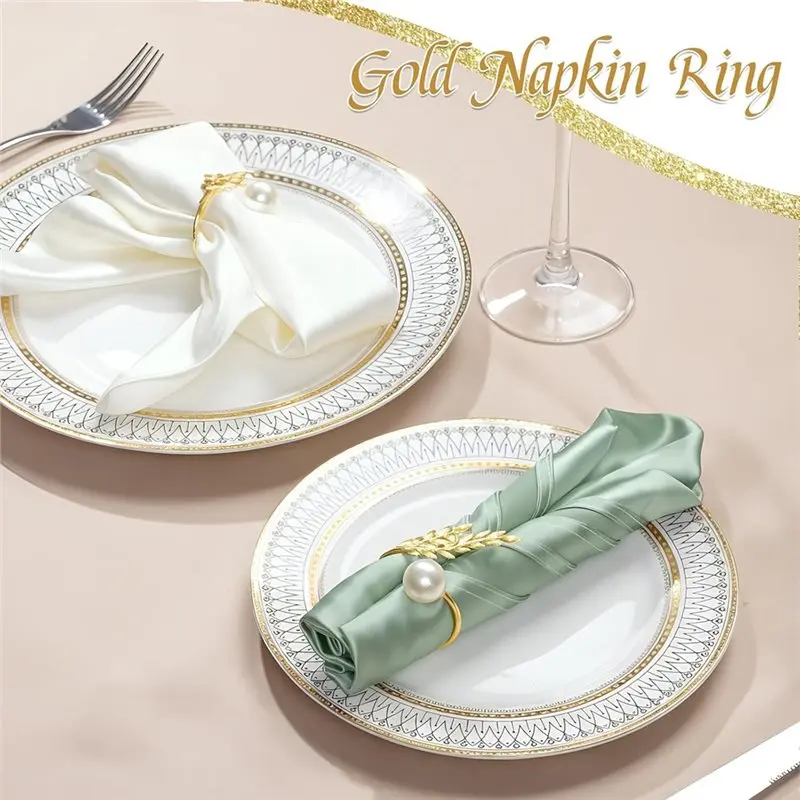 B62B Gold Napkin Rings Set of 12 Metal Wheat Ear for Pearl Design - Wedding Napkin Rings Party Table Decor for Family Dinner