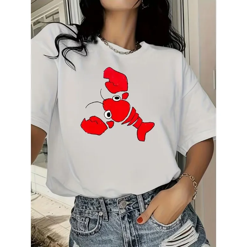 Summer Women's Oversize T-shirt Cute Cartoon Red Lobster Print Short Sleeve Y2K Funny Animal Print Casual Loose Fashion Tops