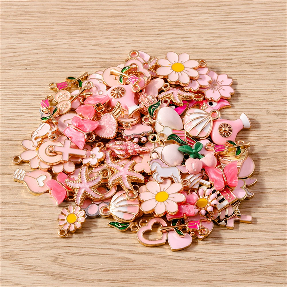 Tusember Mix, 10 Stück, Charms, Serie in Pink, Emaille-Anhänger mit Tier- und Blumenmotiven, zum Basteln von Schmuck, handgefertigte Schmuckaccessoires. – Detail 1