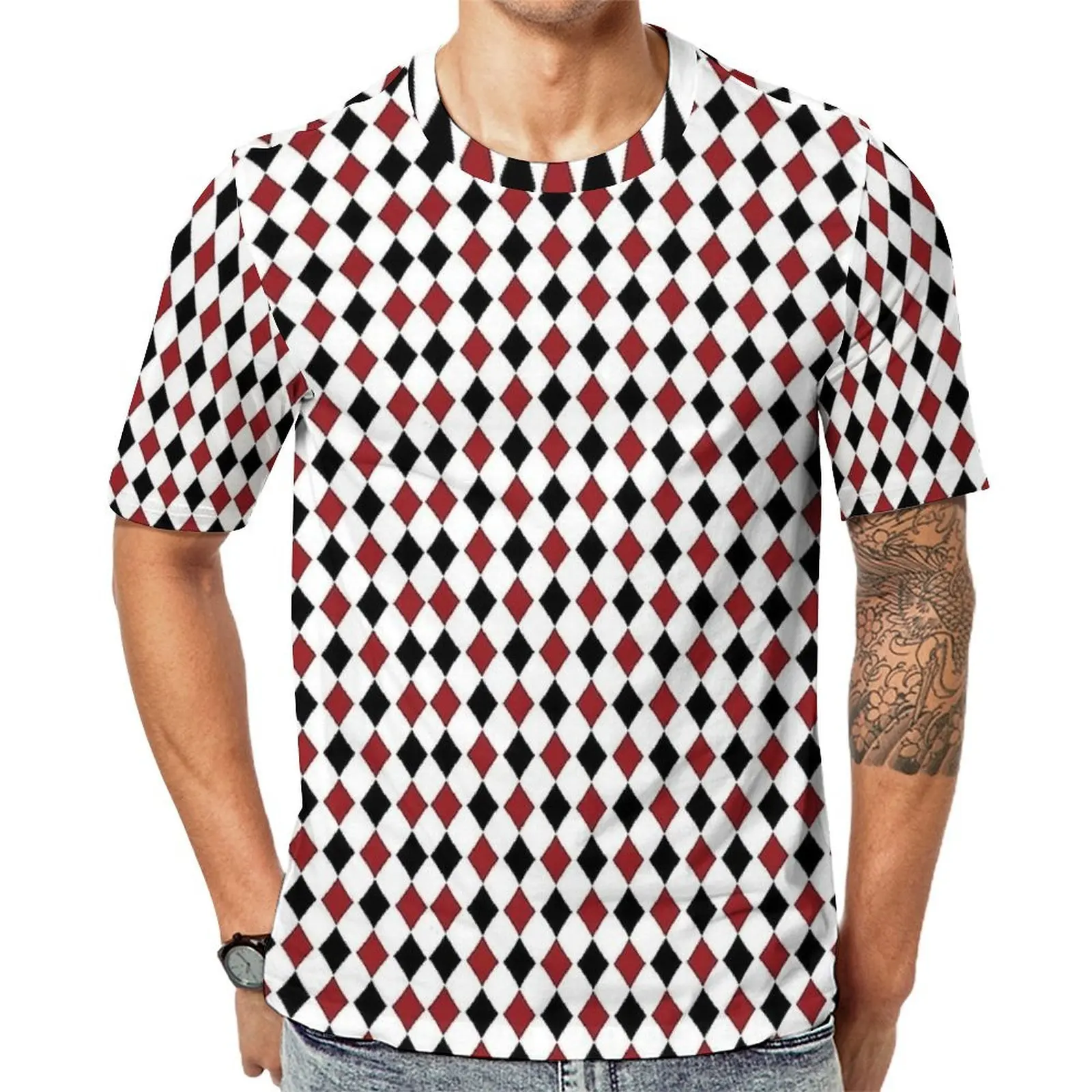 Man Red Diamond Check Pattern T-Shirt  Cool T-Shirts Short-Sleeved Graphic Tops Hot Sale Beach Streetwear Plus Size Top Tees