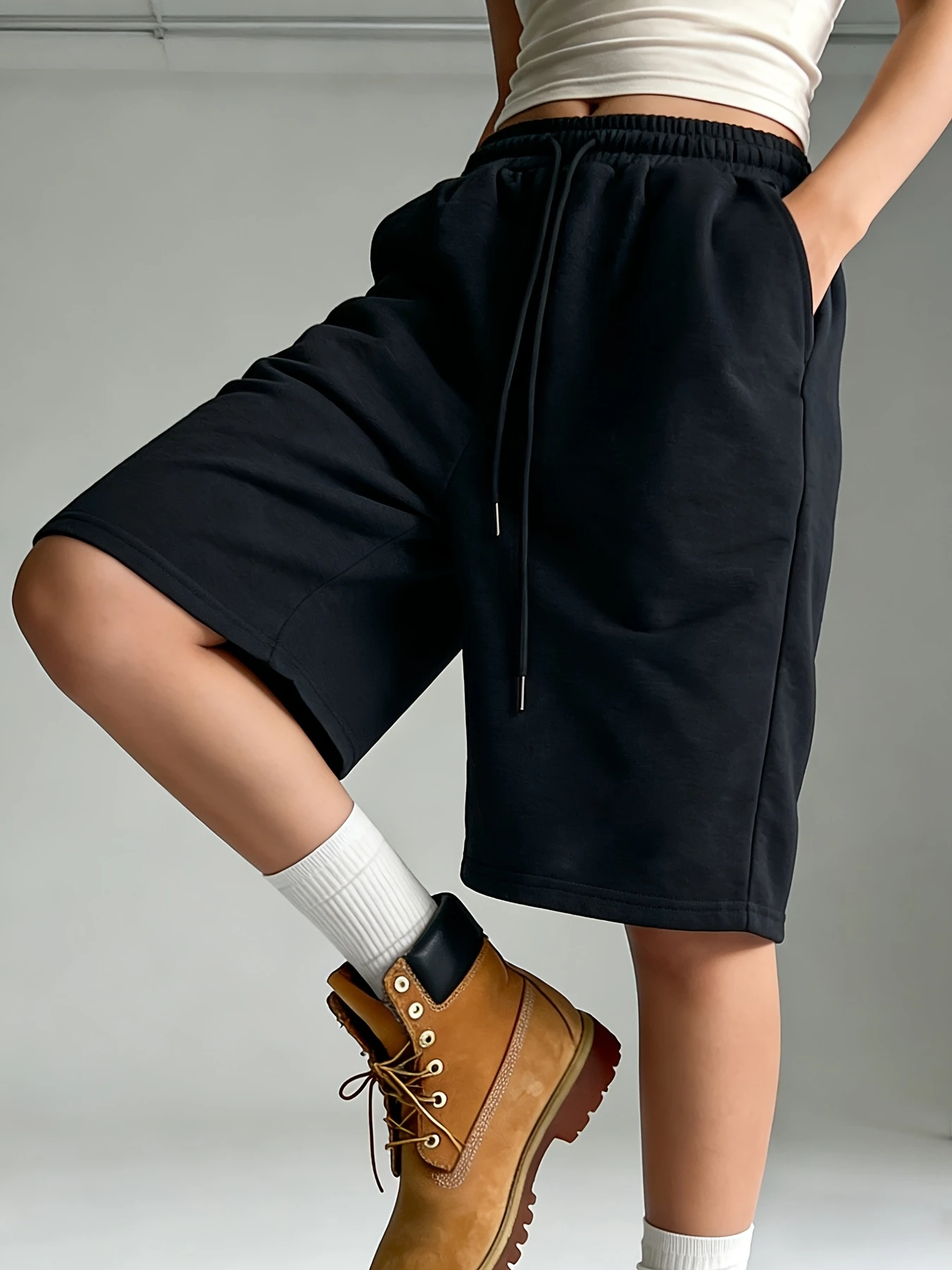 Women'S Casual Athletic Shorts, Elastic Waist Wide Leg Straight Bermuda Shorts, Mid-Length Loose Drawstring Shorts