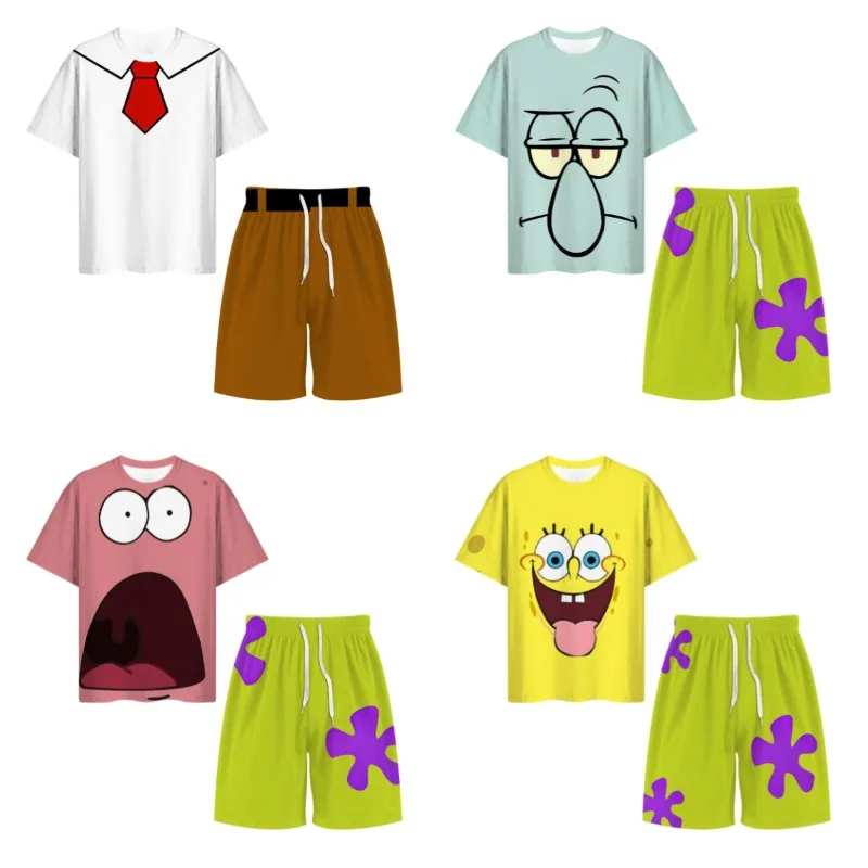 2026 Popular SpongeBob SquarePants Series Summer Fashion Adult Children Family Fan T-shirt and Shorts Casual Sports Couple Set