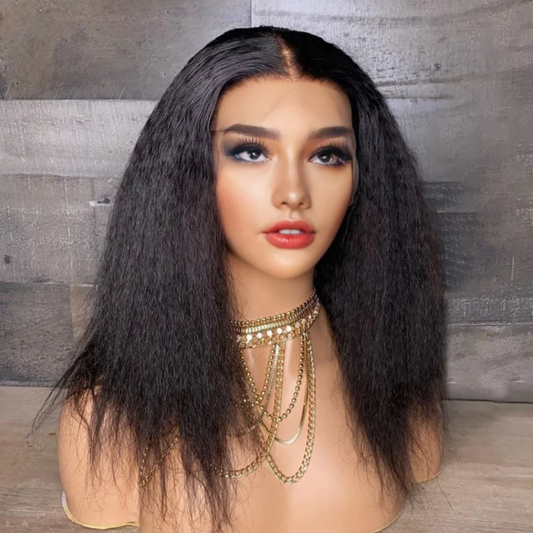 Black 24Inch Long Glueless Kinky Straight Yaki Soft Lace Front Wig For Women With Baby Hair Preplucked Daily