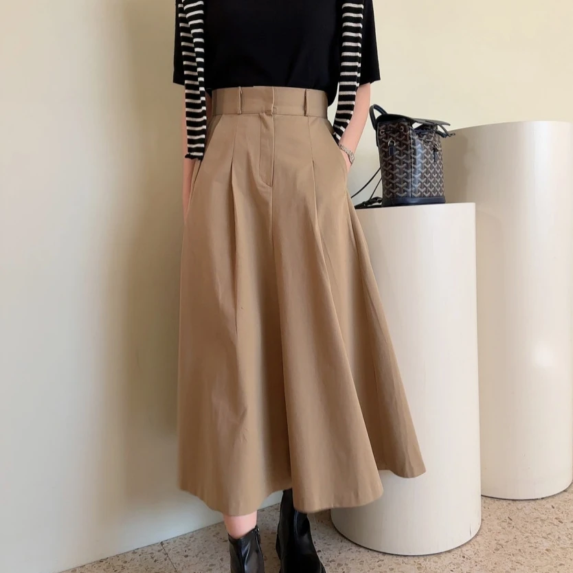 

Chic Skirts Pocket Ladies 2024 Spring Summer Fashion Korean A-Line Loose Casual Women High Waist Midi Skirt L906