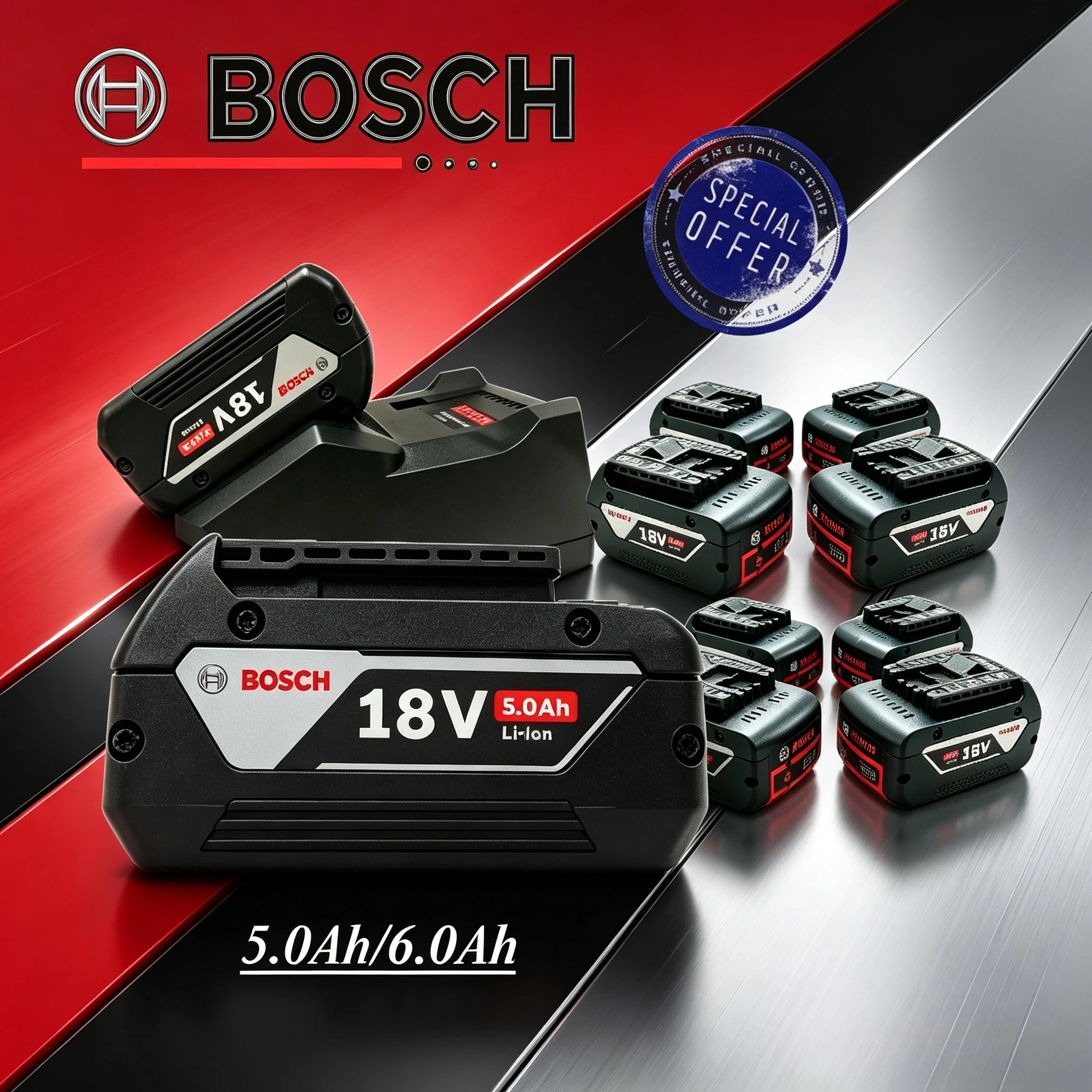 Аккумулятор Bosch 18V 5.0Ah с двумя литиевыми элементами, умной зарядной станцией, усиленной защитой углов, прошедший строгие промышленные стандарты безопасности.