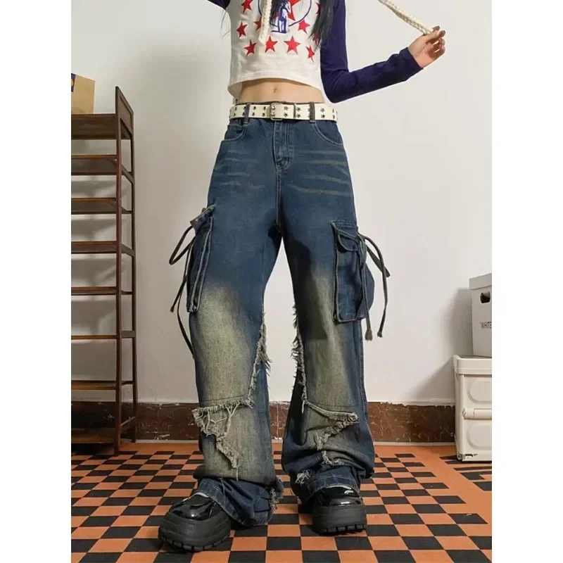 Casual Pockets Y2K High Street Style Denim Trouser American Vintage High Waist Lace-up Jeans Wide Leg Grunge Pants Women's