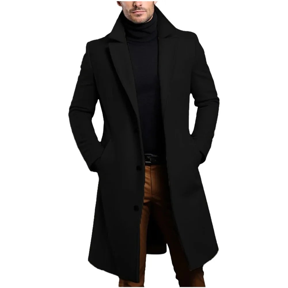 Men Overcoat Autumn Winter Simple Turn Down Collar Long Sleeve Man Jacket Single-breasted Mid Length Windproof Male Outerwear