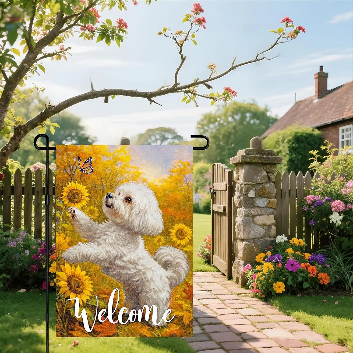 IVN Welcome Spring Garden Flag 12 x 18 Inch Summer Yard Flags Double Sided Flowers Maltese Dog Small Flags for Outside Seaso uui
