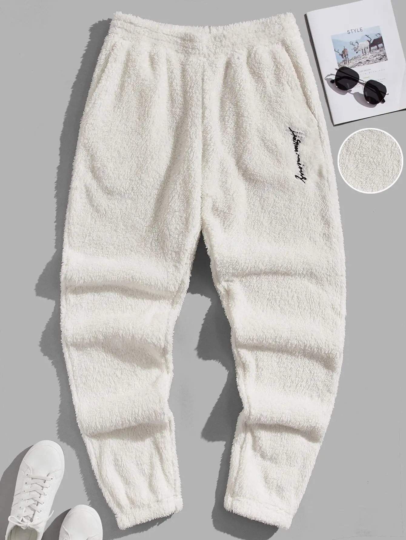

Men's Soft Fleece Jogger Pants with Script Embroidery, Cozy Lounge Wear