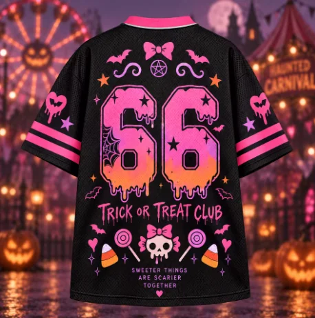 Halloween Candy Curse Witch V-neck Mesh Troublemaker Club Number 66 Sweet and Terrifying Bat Pumpkin Skull Printed Sports Top