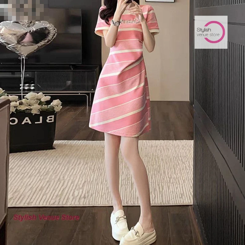 

French letter pink striped casual dress female summer new waist slim fashion temperament high sense little T-shirt skirt.