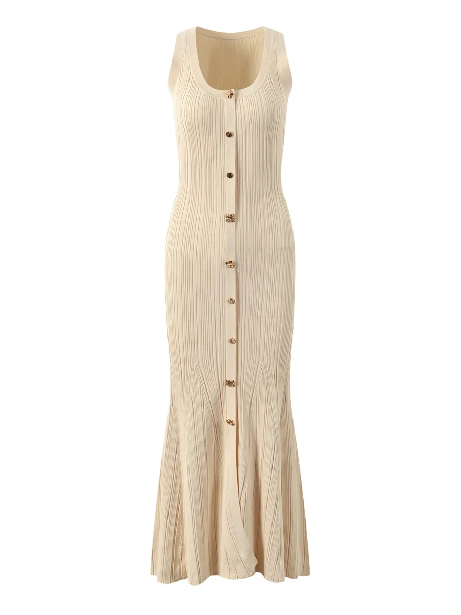 

Summer 2025 New Arrival High Quality Sleeveless Women's Bodycon Knitted Dress Single-Breasted Metal Buckle Knitting Dresses