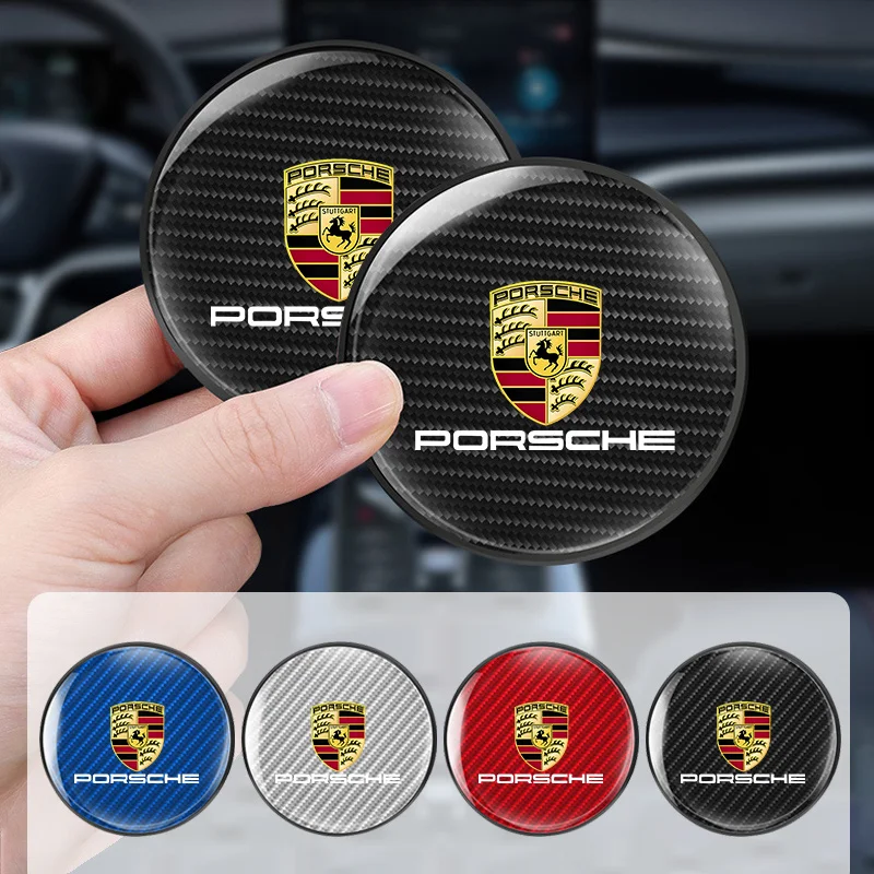 2Pcs Car Emblems Cup Trough Mat Coaster Leather Accessories For Porsche Cayenne Panamera Macan 911 718 Taycan Boxster Cayman 918