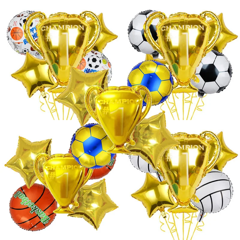 Gold Trophy Balloon set Soccer, basketball, volleyball sports themed party to celebrate birthday decorated balloons