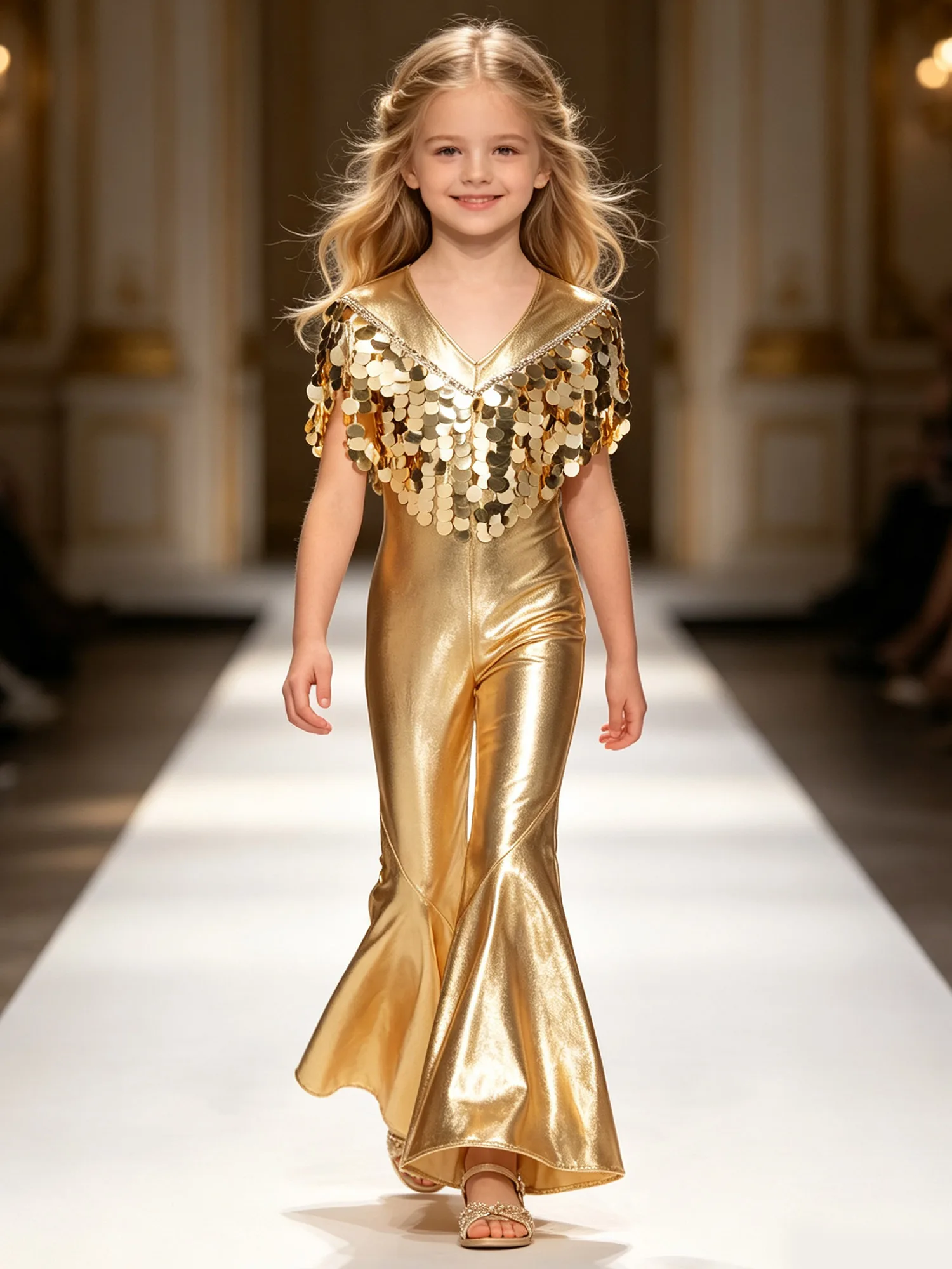 Children Girls Disco Jazz Dance Performance Jumpsuit Metallic Shiny Sequin Tassel Zip Flared Bodysuit for Carnival School Party