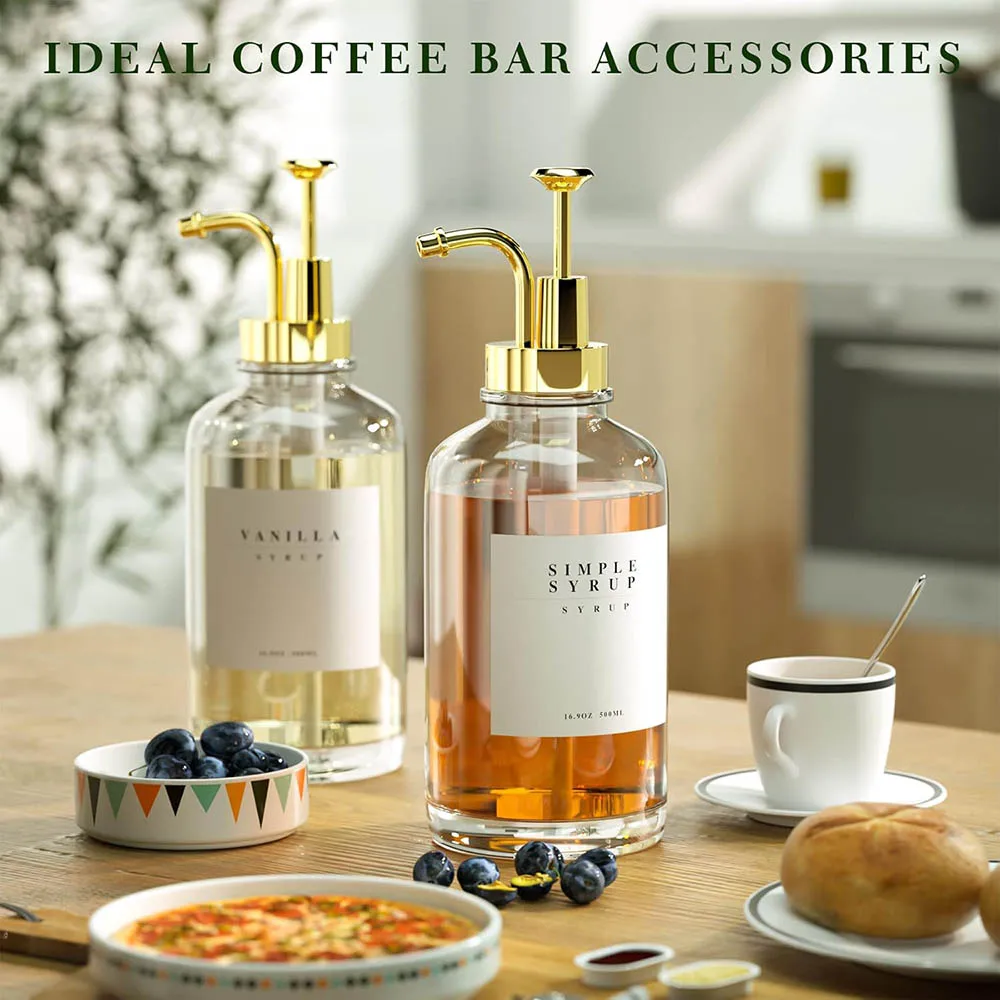 Syrup Dispenser for Coffee Bar Accessories,Coffee Pump Dispenser,Glass Syrup Bottle with Gold Pumps and Labels, 16.9 oz 500 ml