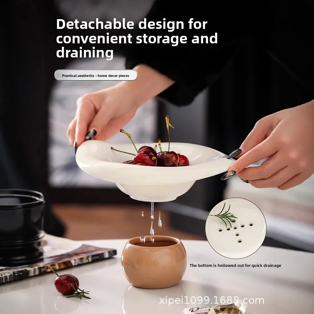 PYH ceramic fruit plate drain high foot small light luxury snack tray living room entrance decorative basin light