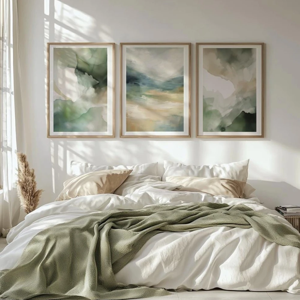 3pcs frameless Canvas Painting Sage Green Abstract Prints Set of 3 Neutral Soft Green Paintings Green Abstract Room Artwork Mode