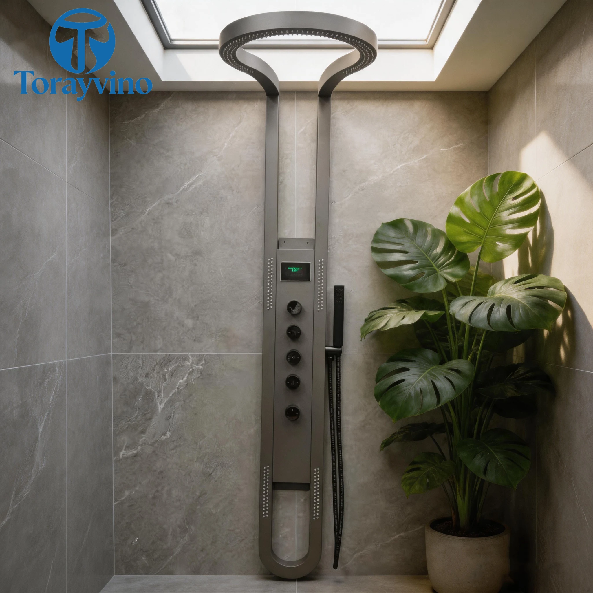 Torayvino Luxury Outdoor Stainless Steel Shower Panel Column 5 Shower Modes Rain Massage Bathroom Shower System Set Faucet Mixer