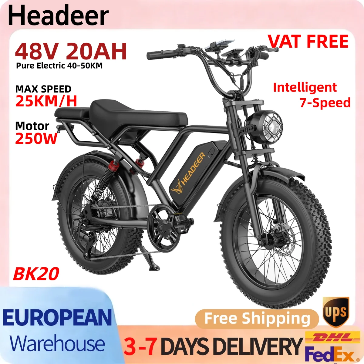 Vélo électrique Hadeer BK20 48V 20AH 20"×4.0 à pneus larges, 7 vitesses, batterie lithium amovible, pour adultes, tout-terrain, neige, sable, plage, route, usage adulte hors route, avec amortisseur.