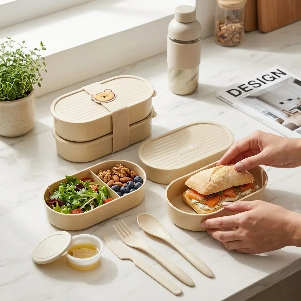 Double Layer Oval Lunch Box With Cute Strap Reusable Plastic Bento Box Kids Students School Food Container Microwave Safe