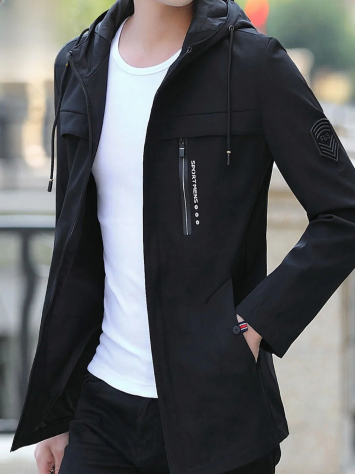 

Spring Autumn Lightweight Men's Jaet Casual Loose Fit Hooded Windproof Polyester Fabric Youth Faion Workwear Coat