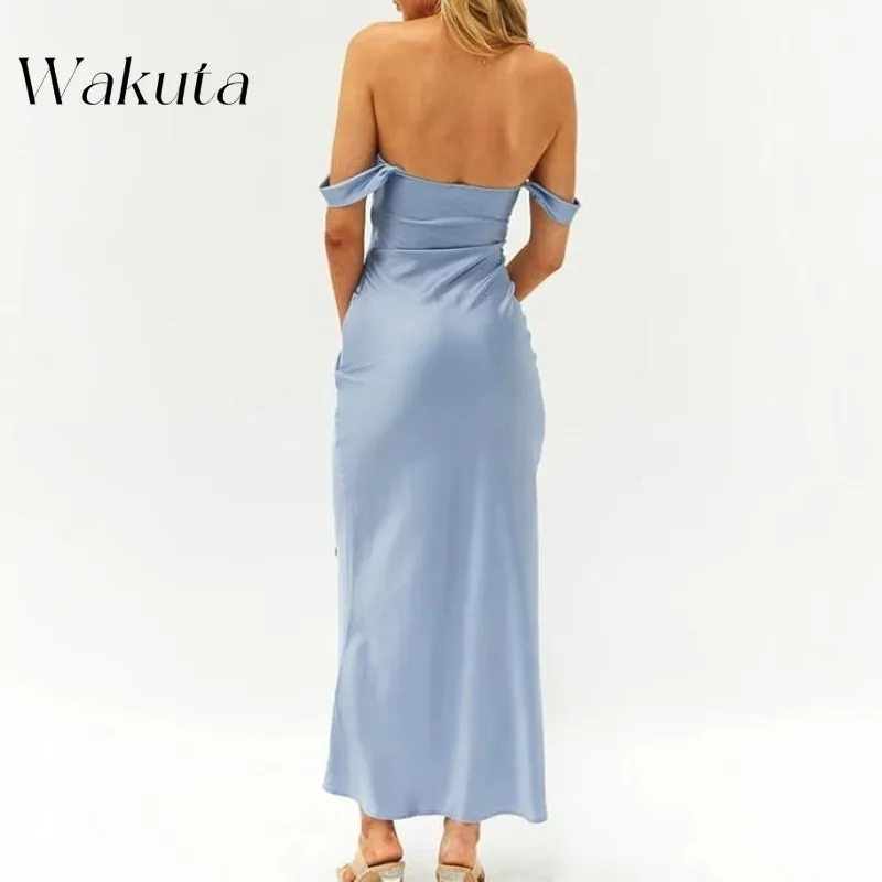 Wakuta Sexy Sheath One Shoulder Light Luxury Simulation Silk Cocktail Robe Pure Color Slim Engagement Bridesmaid Group Hip Dress