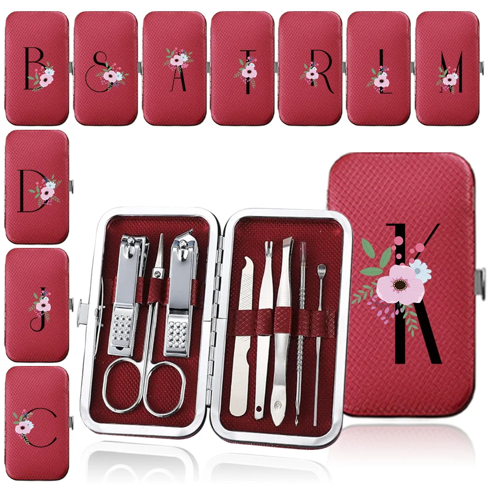 

8Pcs Portable Manicure Stainless Steel Nail Clippers Set Pedicure Kit Organizer Beauty Care Tool Flower And Black Letter Pattern