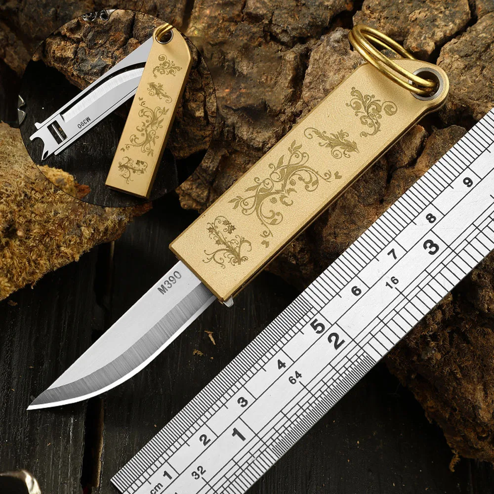 M390 Blade Folding Knife Self Defense Brass Handle Survival Camping Keychain Emergency Pocket Knife Portable Mini Jackknife