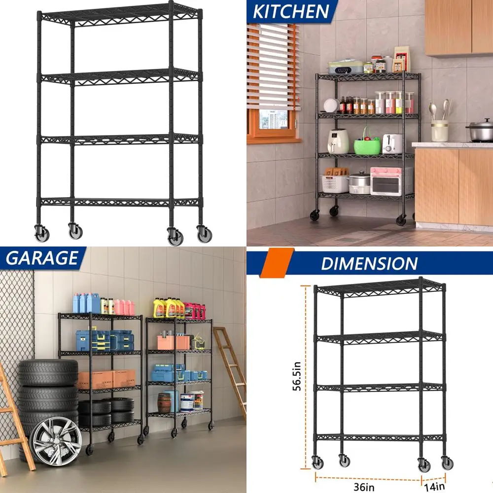 

Adjustable Heavy-Duty 4-Shelf Metal Storage Rack with Casters for Laundry, Kitchen, or Pantry, Black