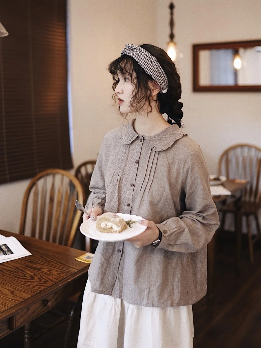 

Sweet Style Cotton Linen Doll Collar Loose Fit Shirt Country Style Pure Color Long Sleeve Regular Length Button Detail Shirt