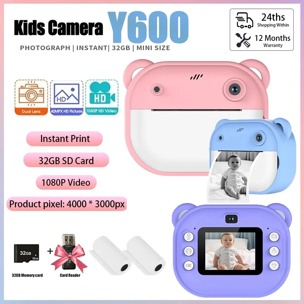 Appareil photo numérique à impression instantanée pour enfants, impression thermique, jouets d'appareil photo vidéo, carte mémoire 32G, nouveau